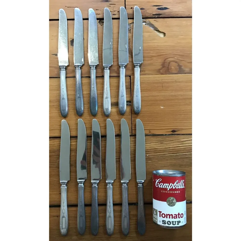 Set Lot 12 Vtg Antique Oneida Silverplate De Luxe Stainless Dinner Knives 9.75